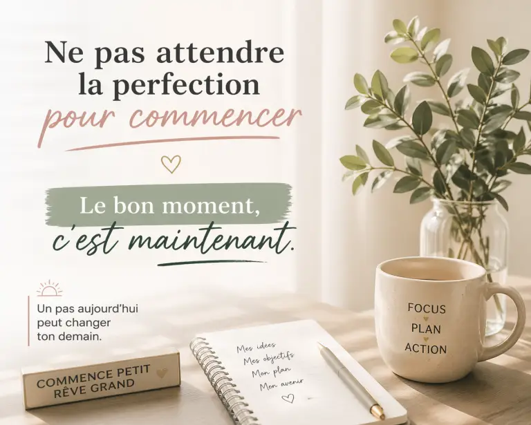 Citation motivationnelle sur fond de bureau : commencer maintenant sans attendre la perfection.