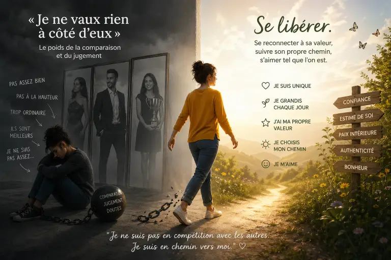 Femme qui se libère du poids de la comparaison et du jugement, passant de l’ombre à la lumière, symbole de confiance en soi et d’estime personnelle.