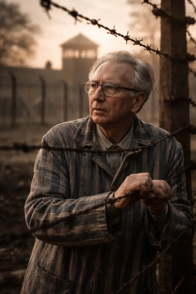 Illustration inspirée de Viktor Frankl dans un camp de concentration, symbole de résilience, de survie et de recherche de sens pendant la Shoah